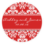 Red Damask Names and Date Wedding Stickers