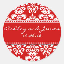 Red Damask Names and Date Wedding Stickers