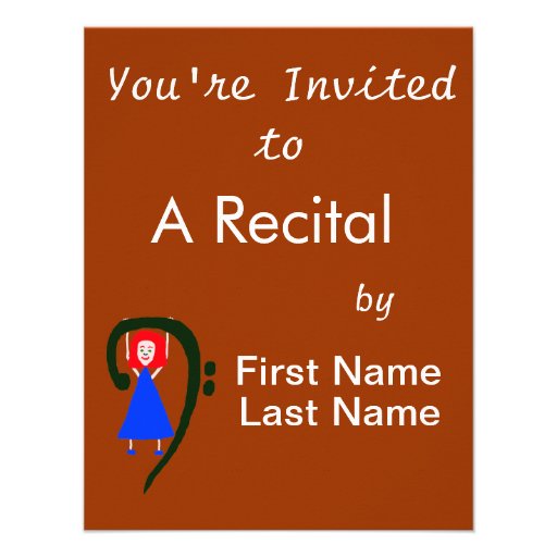 Red female blue dress blue bass clef personalized invitation