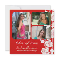 Red floral 3 photo graduation party announcement