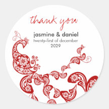Red Floral Peacock Custom Wedding Gift Sticker
