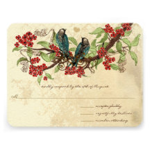 Red Flower Branch Vintage Birds Wedding RSVP Personalized Announcement