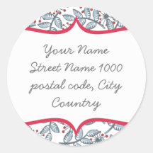 red flowers and blue leaves with label round sticker