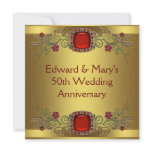Red Flowers Gold 50th Wedding Anniversary Party invitations