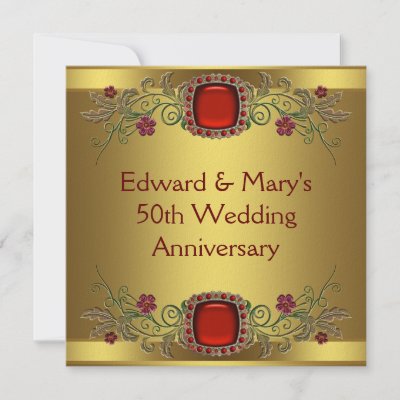 Red Flowers Gold 50th Wedding Anniversary Party Personalised Announcements