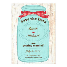 Red Gingham & Burlap Mason Jar Save the Date Personalized Invitation