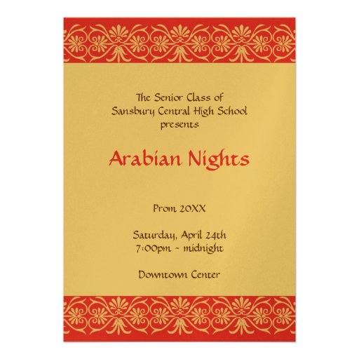Red gold arabian junior senior prom formal dance personalized announcement