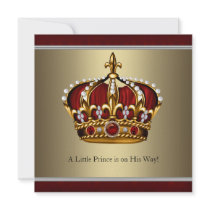Red Gold Crown Little Prince Boy Baby Shower Custom Invitations