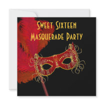 Red Gold Feather Mask Sweet 16 Masquerade Party