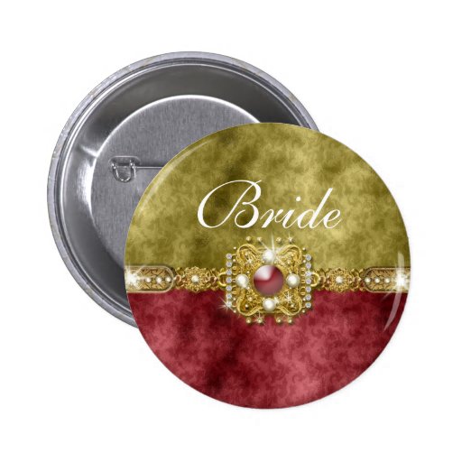 Red gold olive damask wedding button