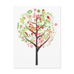 Red green tree and cute birds postcard