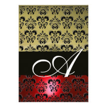 RED GREY BLACK  DAMASK MONOGRAM ,bright white Personalised Invites