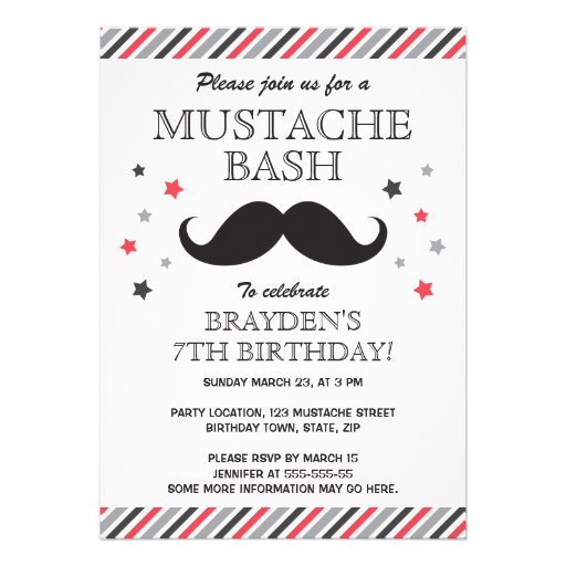 Red grey stripes moustache bash birthday party custom announcements