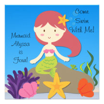 Red Hair Mermaid Custom Birthday Invitation