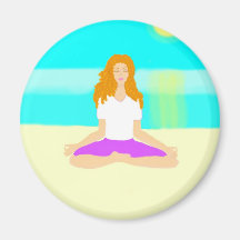 Red haired girl, yoga, om pose, beach, ocean, sun refrigerator magnet