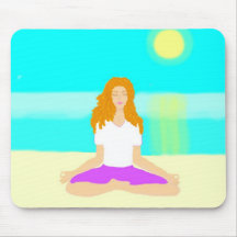 Red haired girl, yoga, om pose, beach, ocean, sun mouse pad