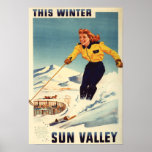 Red-headed Woman Smiling and Skiing Poster posters