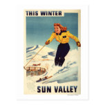 Red-headed Woman Smiling and Skiing Poster Post Card