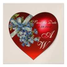 RED HEART & FORGET ME NOT MONOGRAM White Champagne Personalized Announcement