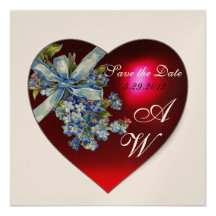 RED HEART & FORGET ME NOT MONOGRAM White Champagne Personalized Invitations