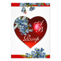 RED HEART & FORGET ME NOTS MONOGRAM blue white Personalised Invite