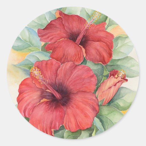 Red Hibiscus Tropical Flower Painting - Multi Round Sticker