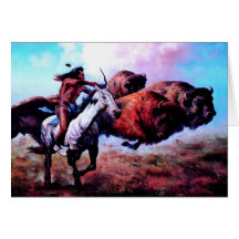 RED INDIAN HUNTING BUFFALO GREETING CARD