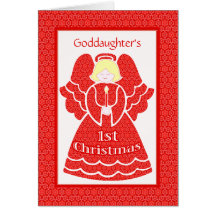 Red Lace 1st Christmas Angel for Goddaughter Card