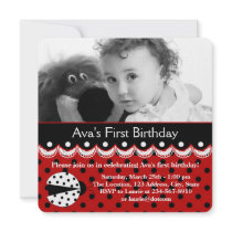 Red Ladybug Girls Photo 1st Birthday Party Announcement