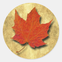 Red Leaf on Gold Round Stickers