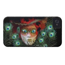 RED MASK WITH  PEACOCK FEATHERS MASQUERADE PARTY iPhone 4 Case-Mate CASE