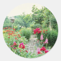 Red Mixed Cottage Garden - Peony, Pyrethrum, Alliu Round Stickers