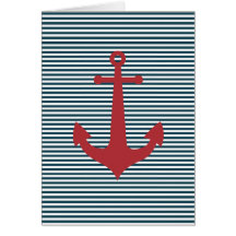 Red nautical anchor on striped blue background greeting card