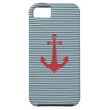 Red nautical anchor on striped blue background iPhone 5 cover
