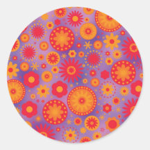 Red Orange & Purple Hippy Flower Pattern Round Stickers