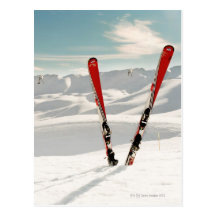Red pair of ski standing in snow postcard