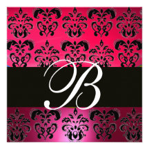 RED PINK BLACK DAMASK MONOGRAM fuchsia white Personalised Invite