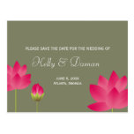 Red pink lotus flowers modern green save the date post cards