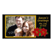 Red Poinsettia Black and Gold Photo Card Template