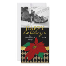 Red Poinsettia on Argyle Christmas Photo Card