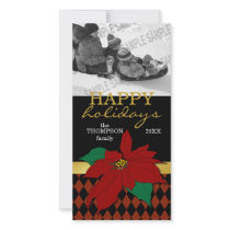 Red Poinsettia on Argyle Christmas Photo Card