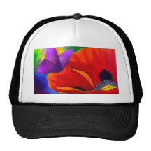Red Poppy Butterfly Painting Art - Multi Mesh Hats