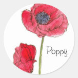Red Poppy Flower Watercolor Botanical Art Round Stickers