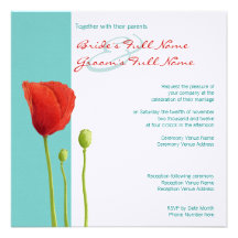 Red Poppy teal Wedding Invitation