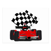 Red Race Car with Checkered Flag Post Card