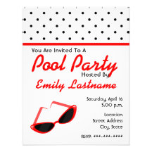 Red Retro Sunglasses / Polka Dots Pool Party Invites