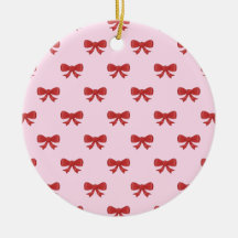Red Ribbon Bow Pattern on Pink. Christmas Ornament
