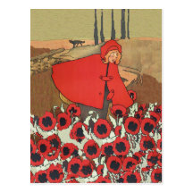 Red Riding Hood Picking Poppies Postcard
