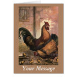 Red Rooster, Brown Hen and Baby Chicks on Straw Greeting Card