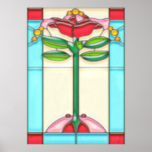 Red Rose Tree Stained Glass in Art Deco Style Print